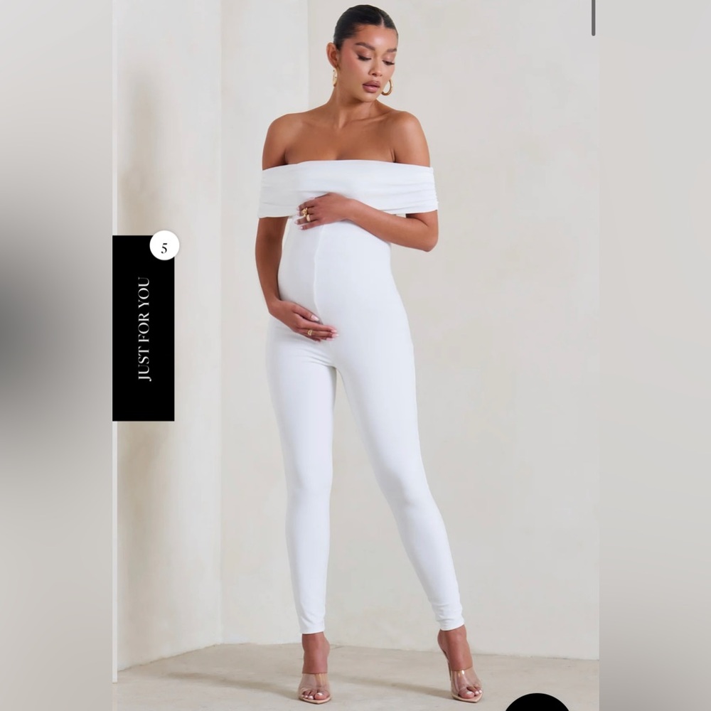 Club L London white off the shoulder maternity jumpsuit